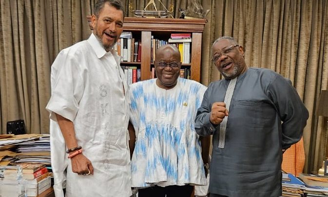President Akufo-Addo in a pose with Olorogun Oskar Ibru (left) and Kofi Amoakohene, organisers of the event