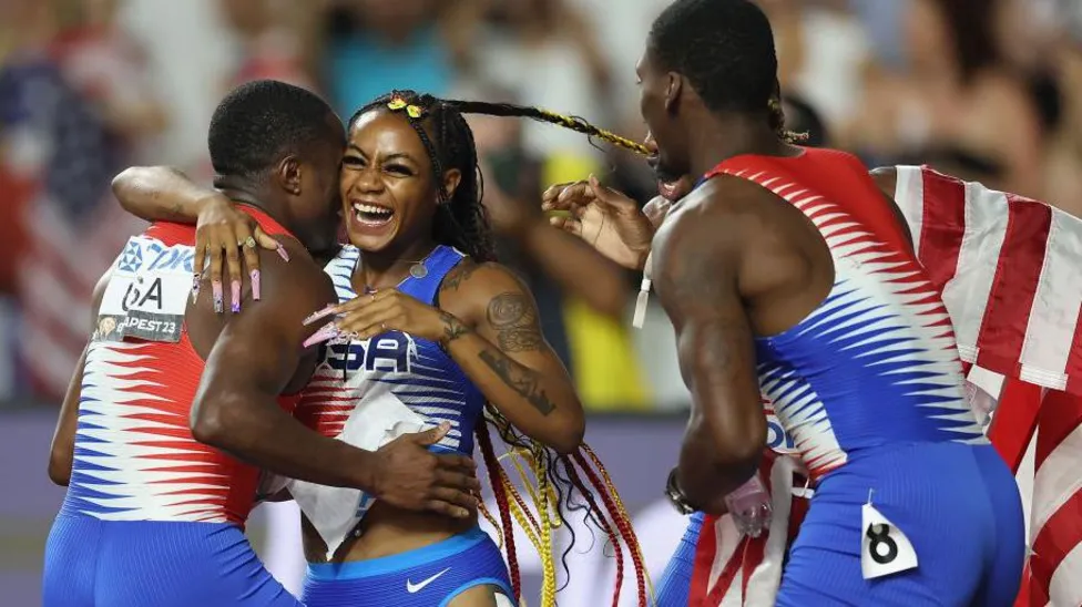 American sprinter Sha'Carri Richardson celebrates relay success at last year's World Championships