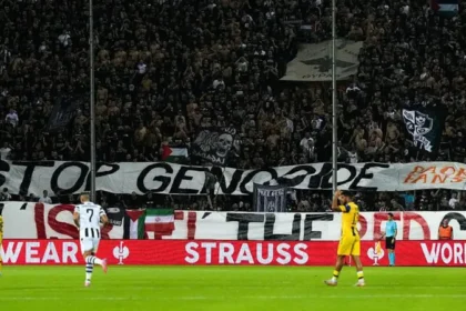 PAOK fans displayed a banner reading 'Stop genocide' during their match against Maccabi Tel Aviv