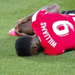 Inaki Williams writhes in pain during their game against RCD Mallorca last Saturday