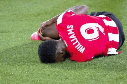 Inaki Williams writhes in pain during their game against RCD Mallorca last Saturday