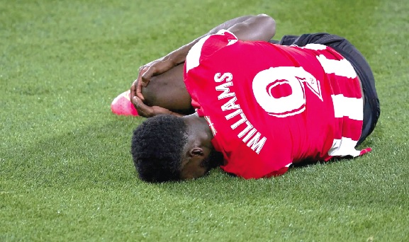 Inaki Williams writhes in pain during their game against RCD Mallorca last Saturday